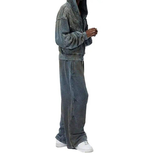 Ensemble de survêtement pour homme, surdimensionné, vintage, délavé à l'acide, pantalon évasé, strass, coupe et couture, fermeture éclair lourde, survêtement délavé au soleil pour homme - Product Image 2