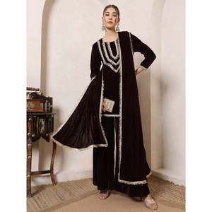 Conjunto de 3 Piezas Indo-Occidental para Mujer, Kurti Elegante de Terciopelo Marrón con Manga Tres Cuartos y Palazzo, Incluye Dupatta, Tallas S-XXL - Product Image 1