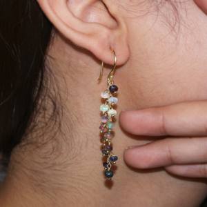 Pendientes largos de gota con cuentas de ópalo negro de Plata de Ley 925 para mujer, joyería de piedra natal rellena de oro amarillo para fiestas y regalos - Product Image 3