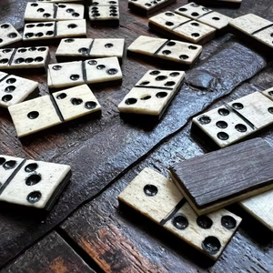 Antique Eco-Friendly Polished <b>Set</b> of Small Bovine Bone <b>Dominoes</b> in Original Case Double Six 1880 - Product Image 1