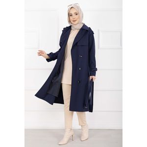 Abrigo de Gabardina Azul Marino Premium para Mujer Allerli, Cierre Cruzado, Cinturón Desmontable para Otoño - Product Image 4