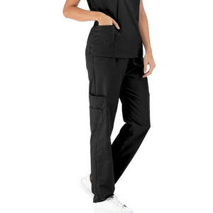 Vêtements médicaux unisexes en gros, essentiels, tissés, haut à manches courtes et col en V, pantalon cargo à jambe droite - Noir uni, haute qualité - Product Image 5