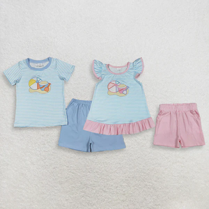 New Arrive Baby Girls Short Sleeves Embroidery Pattern Stripes Tops Shorts <b>Clothes</b> Sets - Product Image 1