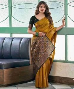CRÉATEUR LICHI SOIE BIOLOGIQUE BANARASI SAREE AVEC CHEMISIER NON COUDU FESTIVAL WEAR PRIX DE GROS VÊTEMENT ETHNIQUE JAUNE - Product Image 3