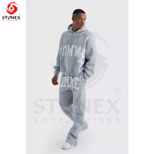 Survêtement à impression bouffante unisexe pour homme avec pantalon évasé et ensemble de sweat à capuche Design personnalisé Techniques lavées grande taille - Product Image 6