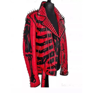 Zipper Design Wholesale Cow Skin Leather <b>Biker</b> Motorcycle Punk Studded <b>Jacket</b> Windproof Breathable Vintage Customized Color - Product Image 2
