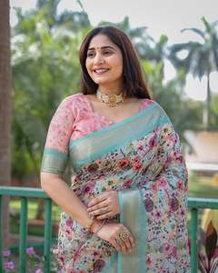 Nuevo diseñador Heavy Linen Digital Impreso con Golden Jacquard Border Colección de Fancy Silk Sari para ropa India pakistaní - Product Image 6