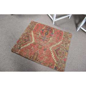 Vintage Turkish Small Eco-Friendly Latex Backing Rug 2.6x3.1 ft <b>Red</b> Blue Patchwork <b>Wool</b> Rug - Product Image 4
