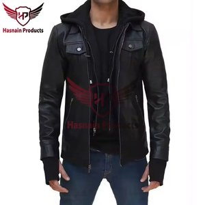 Veste à capuche en cuir véritable noir pour homme, avec cordon de serrage, poches à rabat, fermeture éclair, style motard, en peau de mouton, vêtement d'extérieur personnalisé pour l'hiver - Product Image 2