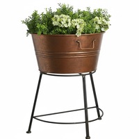 Pot Tanaman Logam Berkualitas Tinggi dengan Finishing Antik, Dilengkapi Stand & Nampan, Bentuk Bulat, Dekoratif untuk Aksesoris Taman Dalam Ruangan