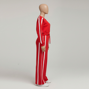 Conjunto Casual a Rayas con Cuello en V para Mujer, Logotipo Personalizado al por Mayor, Top Corto Rojo, Pantalones Holgados, Chándal - Product Image 3