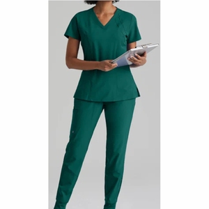 Conjuntos de uniformes médicos de enfermería elásticos de manga corta con cuello levantado OEM al por mayor, uniformes de Spandex para correr - Product Image 2