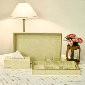 Handmade Elegant Wooden MDF Leather Serving Tray Set of 2 with <b>Matching</b> Tissue <b>Box</b> Decorative Serving Tray Set - Product Image 1