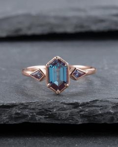 Bague de fiançailles en argent sterling 925 hexagone Alexandrite Style classique plaqué or rose pour fête d'anniversaire de mariage nuptiale - Product Image 3