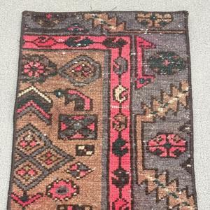 Turkish Small Rug, 1x2.9 ft Vintage Rug, <b>Brown</b> Ikat <b>Wool</b> Rug - Product Image 5