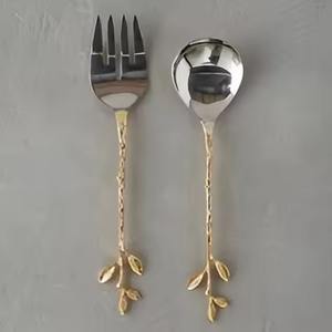 Ensemble de serveurs à salade en laiton de taille standard de luxe, finition mate, poignée en pierre de marbre pour ustensiles de cuisine, couverts - Product Image 3