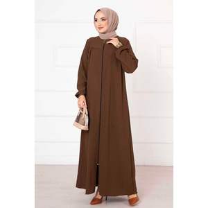 Robe abaya froncée marron coupe confortable Design personnalisé Style modeste pour l'hiver et l'été Long coton ODM approvisionnement avec logo personnalisé - Product Image 4