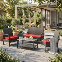 Ensemble de meubles de patio d'extérieur en rotin tressé, 4 pièces, avec canapé de conversation et coussins rouges
