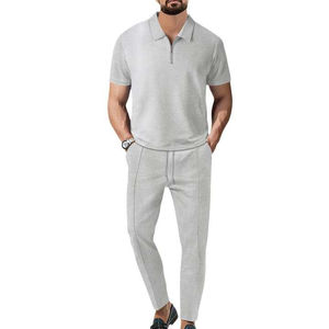 Conjunto de Dos Piezas de Verano para Hombre, Camiseta Polo de Manga Corta con Cierre y Pantalones de Punto Terry Vintage, Secado Rápido y Transpirable - Product Image 1
