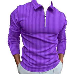 เสื้อโปโลแขนยาวลายทางมีซิปของผู้ชาย, ผ้าฝ้าย100% กีฬาสันทนาการฤดูหนาวฤดูใบไม้ร่วงยืดหยุ่นสูงสีทึบ2025ใหม่ - Product Image 3