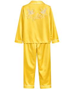Manufacturer Women Yellow Embroidered Satin Silk <b>Pajama</b> Set Button Down Long Sleeve Sleepwear Luxury Soft Shiny Loungewear - Product Image 2