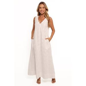 Robes de soirée longues pour femmes avec détails boutonnés, col carré, tissu 100% lin, coupe classique pour les célébrations de vacances - Product Image 1