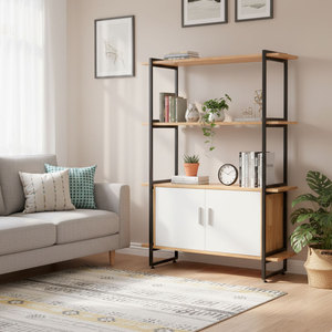 ชั้นวางของตกแต่งพร้อมตู้ไม้ยางพาราแท้และโครงเหล็ก ขนาด 100x30x140 ซม. รุ่น KS68173 - Product Image 2
