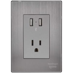 Presa USB, MXIOL-001, 1 Pezzo, USBx2/Presa, 110/125-250VAC, 15A, 50/60Hz, 5VDC, 2.1A, Argento, Acciaio Inossidabile - Product Image 1