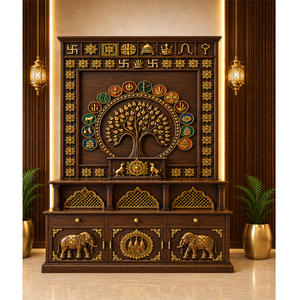 Mandir en bois de teck Vedic Tree Kalpavriksha, armoire de temple traditionnelle en bois avec sculptures de l'Arbre de Vie et d'éléphant, USA - Product Image 1