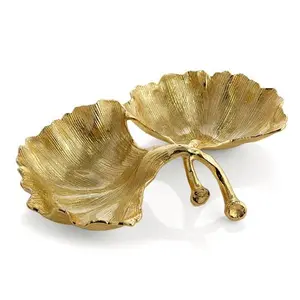 우수한 품질의 은행 잎 디자인 금속 알루미늄 수제 그릇 2 섹션 호텔 및 레스토랑 서빙 너트 그릇