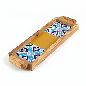 Plateau ottoman carré élégant personnalisable en bois d'olivier et céramique pour tables basses contemporaines - Product Image 1