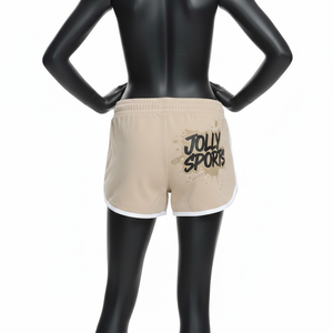 Shorts de sport pour femmes en coton et polyester French Terry 260 GSM, couleur beige, avec empiècements latéraux à clous et logo imprimé. - Product Image 2