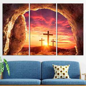 Arte en lienzo con diseño de cruz cristiana y amanecer: elegante impresión en vidrio templado, JUEGO DE 3 LIENZOS - Product Image 1