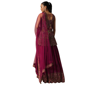 Conjunto Palazzo de seda rosa con trabajo de espejo, venta al por mayor de Ropa Étnica para mujer, proveedor de fábrica de ropa OEM, traje de fiesta de boda personalizado - Product Image 5