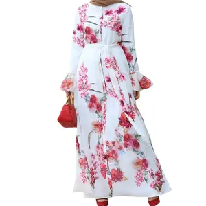 Latest Abaya Designs 2022 Summer long Sleeve Abaya white dress flower printed Polyester kaftan Muslim Women Abaya