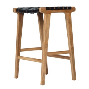 Minimalist Teak Wood Bar <b>Stool</b> With Black Leather Seat Outdoor <b>Garden</b> Furniture Scandinavian Design Durable Solid Wood - Product Image 3
