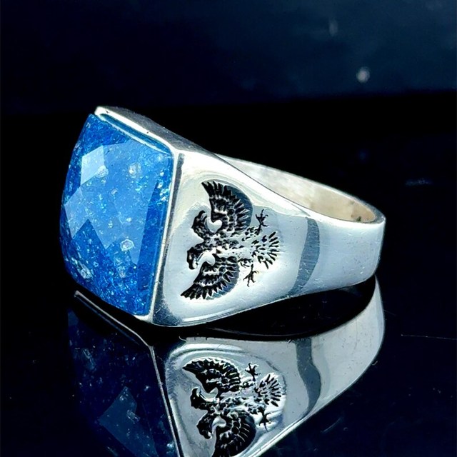 Men's Silver Aquamarine 925 Sterling Eagle Signet Ring IGI Certified Vintage Classic Luxury Wedding Party Statement Ring