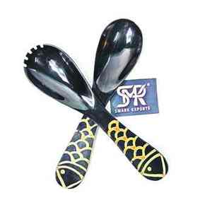 Ensemble cuillère-fourchette en corne de buffle écologique, gravé à la pyrogravure, marron-noir, léger, pour cuisine de camping - Product Image 4