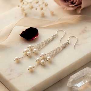 Freshwater Pearl <b>Dangle</b> <b>Earrings</b>, 925 <b>Sterling</b> <b>Silver</b> Chain, June Birthstone - Product Image 3