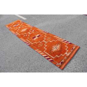 2.6x11.5 ft Vintage Rug, Turkish <b>Runner</b> Rug, Orange <b>Red</b> Check Wool Rug - Product Image 4