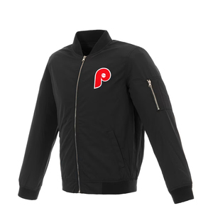 แจ็คเก็ตบอมเบอร์มีตัวอักษร P Varsity สำหรับผู้ชายเสื้อเบสบอลสีแดงสีดำมีซิปรูดแฟชั่นแนวสตรีท - Product Image 5