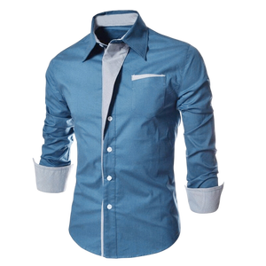 เสื้อเชิ้ตผู้ชายสีฟ้าอ่อนทรงเข้ารูปแขนยาวติดกระดุมลงแบบทางการธุรกิจลำลองสำหรับงานแต่งงานปาร์ตี้คลาสสิกมีสไตล์ - Product Image 1