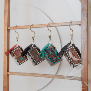 Monedero de cuero con diseño de pelo occidental con llavero de borla turquesa, Mini tarjetero de cuero genuino, billeteras para mujer - Product Image 4