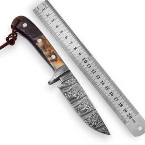 Couteau à lame fixe en acier Damas forgé, fourreau en cuir, EDC, lame pleine, chasse, dépeçage, camping, manche en corne de biche, forge nordique, OEM - Product Image 1
