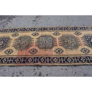 พรมขนสัตว์สีเบจสีน้ำเงินคลาสสิกงานเย็บปะสี่เหลี่ยมผืนผ้าตุรกี4.3 x 11.3ft ทำด้วยมือพร้อมแผ่นยางรองหลังสำหรับห้องนั่งเล่นวัยรุ่นขนาดใหญ่ - Product Image 4