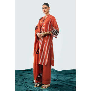 Conjunto de Traje de 3 Piezas Estilo Bohemio para Mujer con Patrón Geométrico y Decoración de Borlas, Corte Holgado y Largo, MJ-52027 - Product Image 5