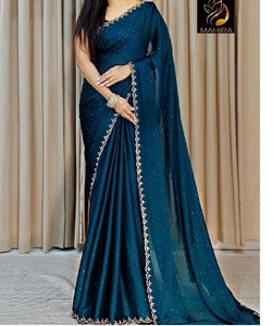 Tissu en satin de mousseline doux, magnifique sari ethnique bleu, tendance, export, dernier modèle, chemisier exclusif, tenue de fête de mariage pour femmes - Product Image 4