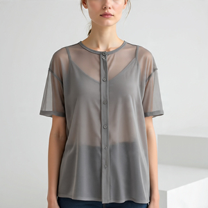 เสื้อแขนยาวมีกระดุมตาข่ายสำหรับผู้หญิง, เสื้อเบลาส์ผ้าตาข่ายโปร่งสำหรับผู้หญิงใส่ในฤดูร้อน - Product Image 5