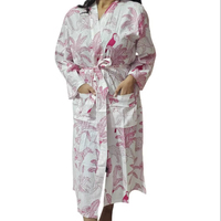 Magnifique peignoir en coton imprimé à la main avec motif floral pour femmes, fermeture à cordon, col en V, longueur intégrale, doux et lisse