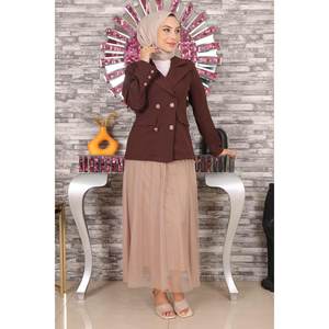 Traje Casual de Falda de Tul Marrón MSW19151-2 de Algodón Tejido con Decoración de Encaje, Opciones de Tops Largos y Cortos, Ajuste Ceñido, Cuello Cuadrado - Product Image 4